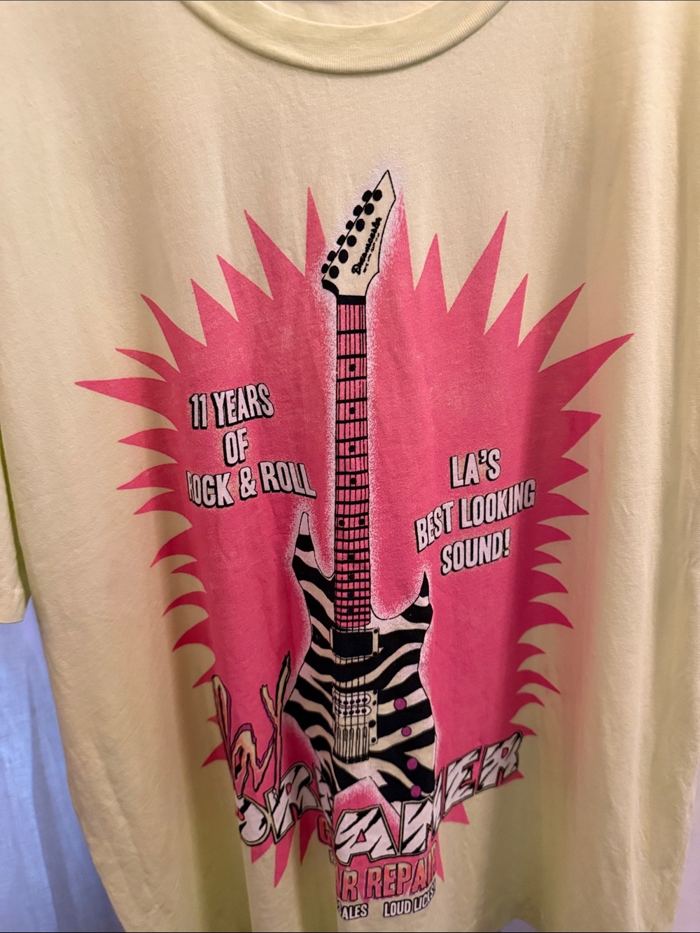 Daydreamer Neon Yellow Tee with Pink & Black Guitar Graphic - Picture 3 of 5